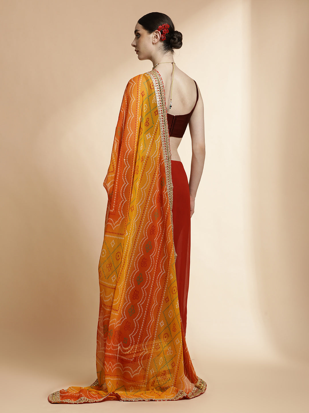 Yellow Traditional Bandhani Embroidered Pure Georgette Saree