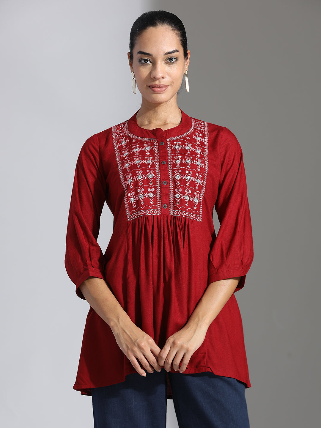 Red Embroidered Party Wear A-line Top