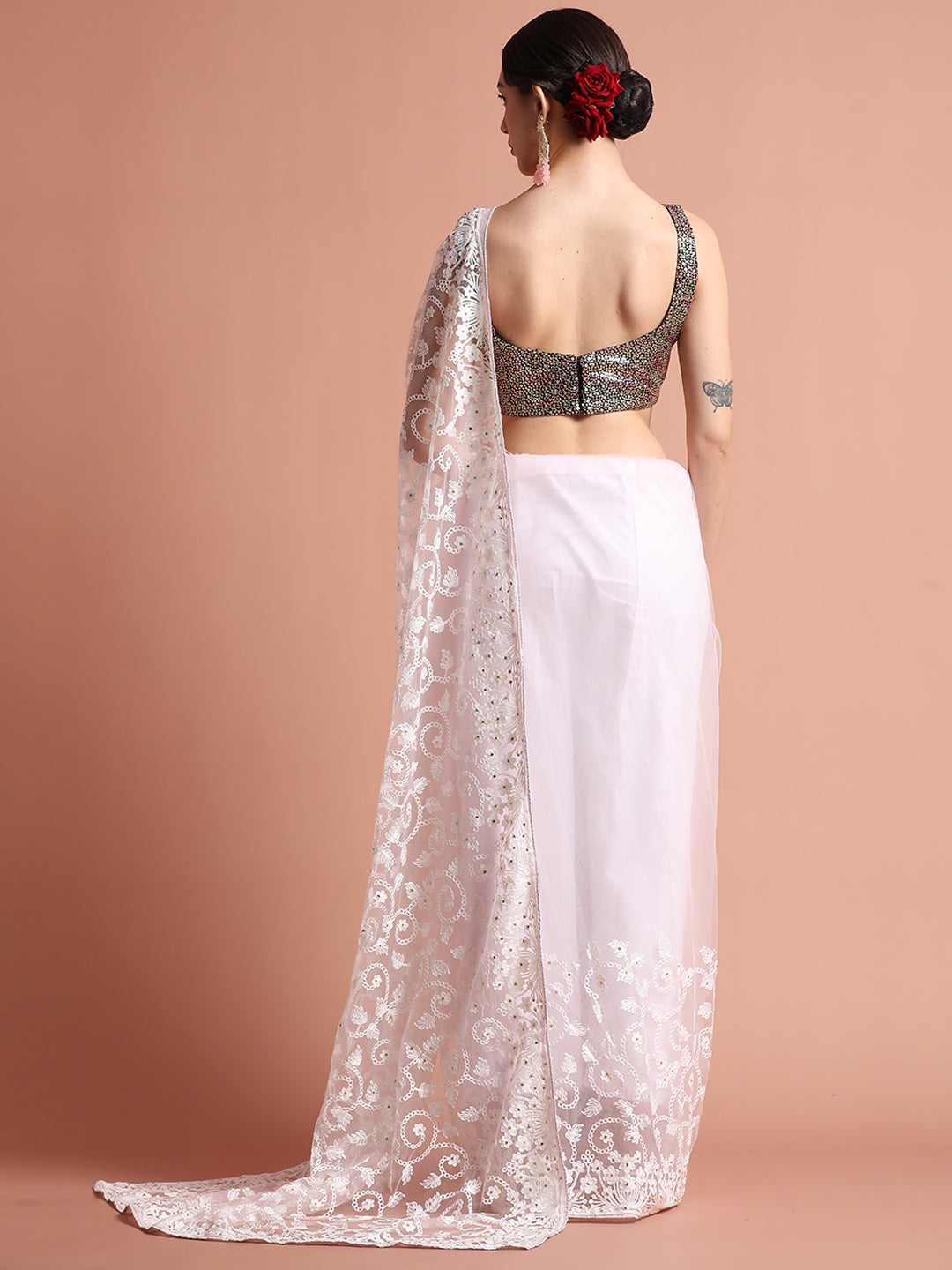 Party Wear Floral Baby Pink Embroidered Net Saree