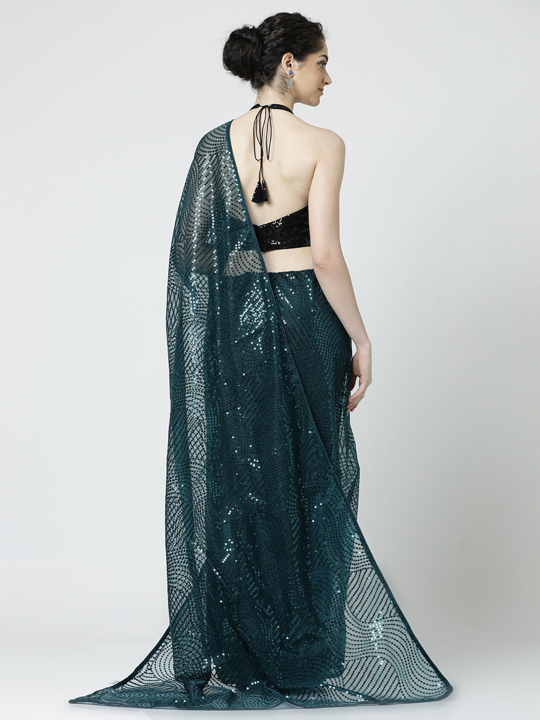 Teal Sequin Embellished Georgette Saree