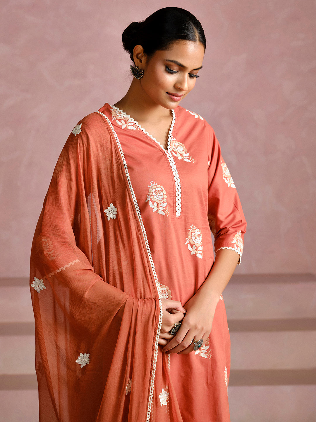 Rust Thread Embroidered Cotton Kurta Set With Dupatta