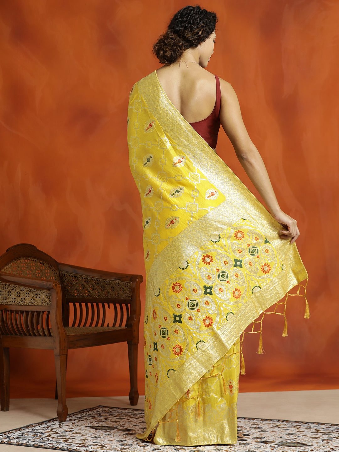 Yellow Party Wear Silk Banarasi Floral Zari Woven Design Saree