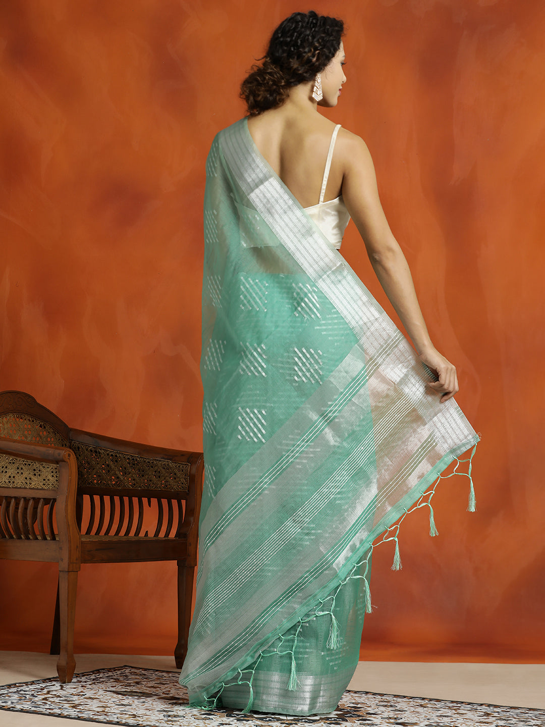 Seagreen Zari Woven Design Banarasi Organza Saree