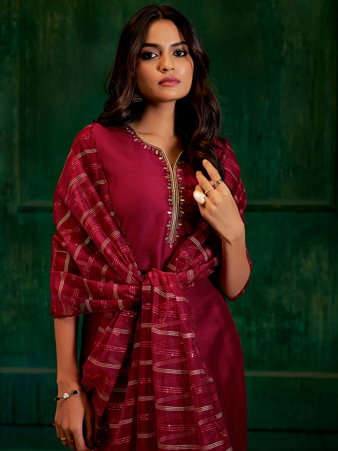 Maroon Festive Embroidered Poly Silk Kurta Set With Dupatta