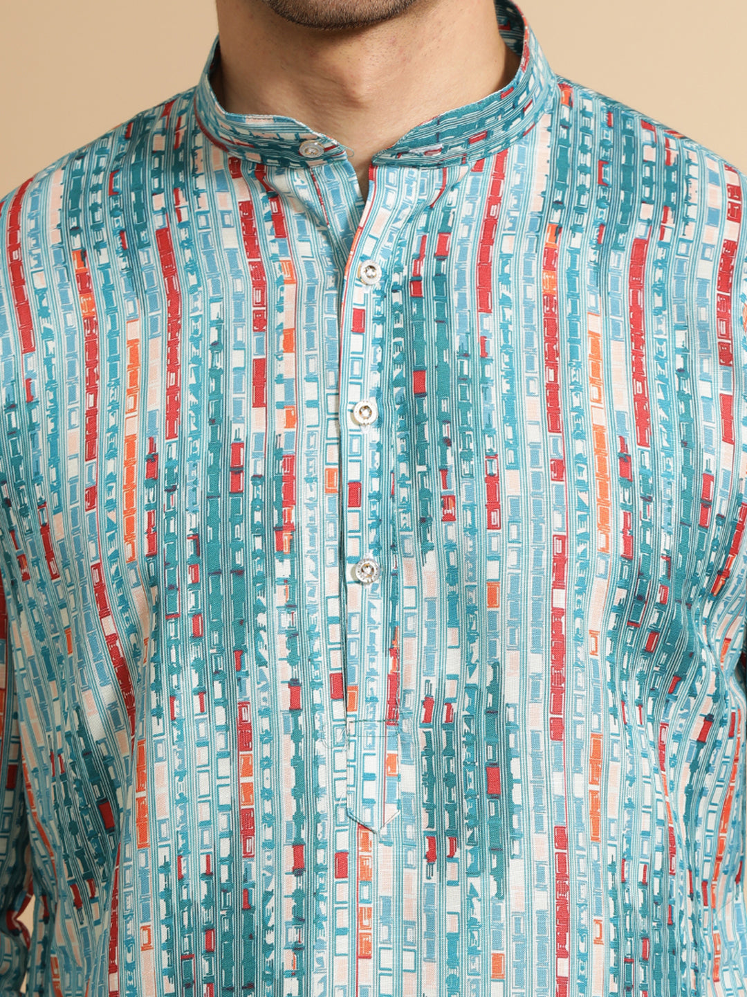 Teal Blue Abstract Printed Cotton Kurta for Men