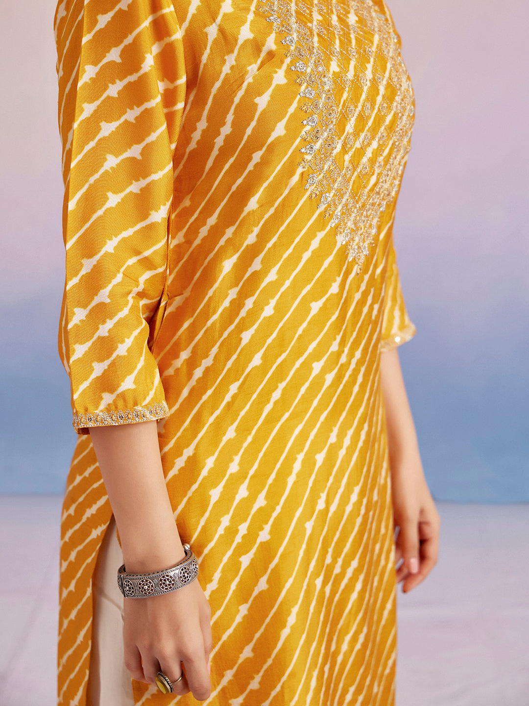 Mustard Embroidered Leheriya Kurta With Dhoti