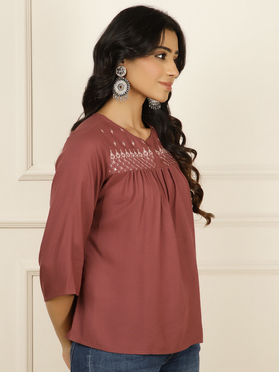 Mauve Embroidered Gathered Top