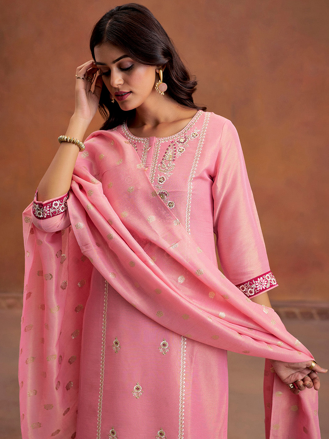 Pink Festive Zardozi Work Kurta Set With Dupatta