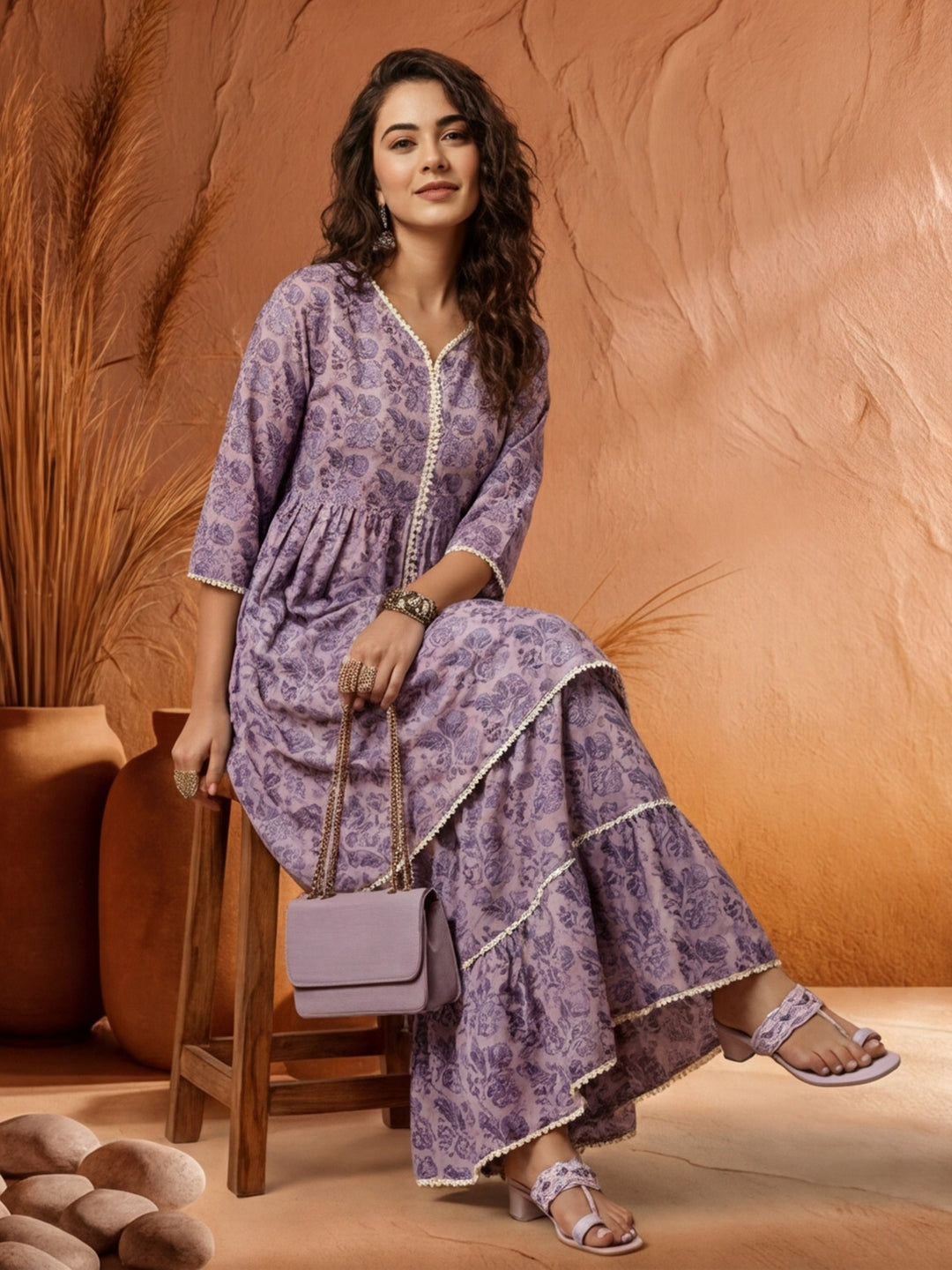 Lavender Floral Print Flared Kurta With Sharara