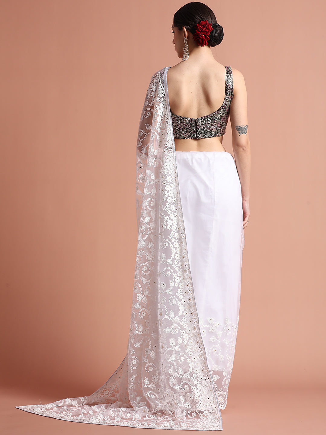 Cream Party Wear Floral Embroidered Net Saree