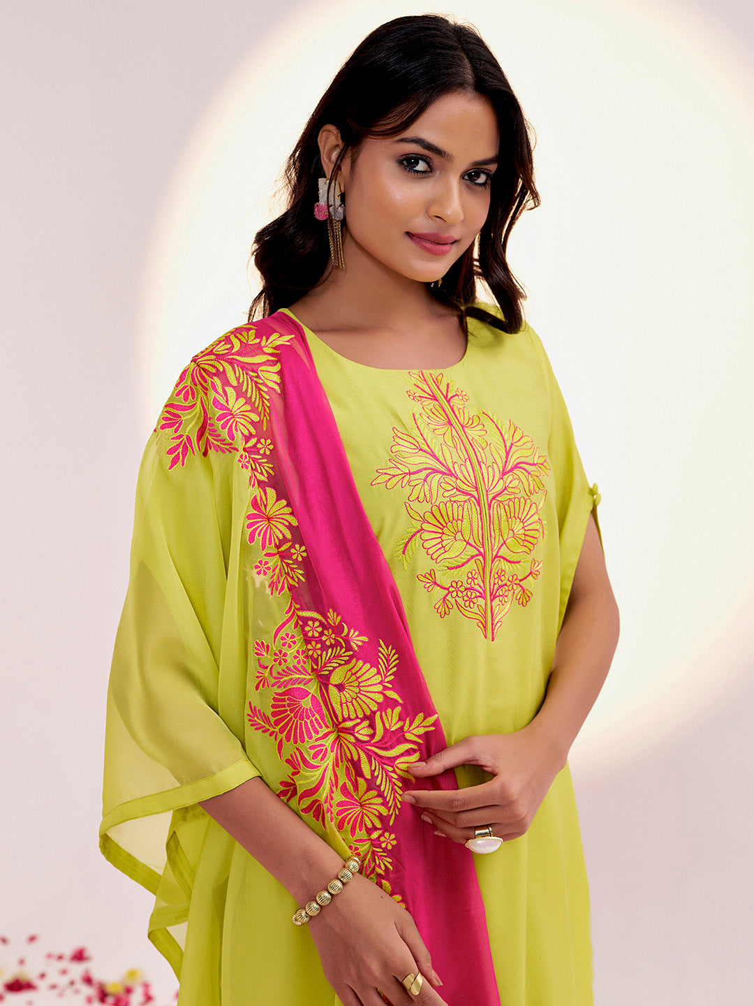 Lime Green Resham Embroidered Festive Kurta Set With Dupatta