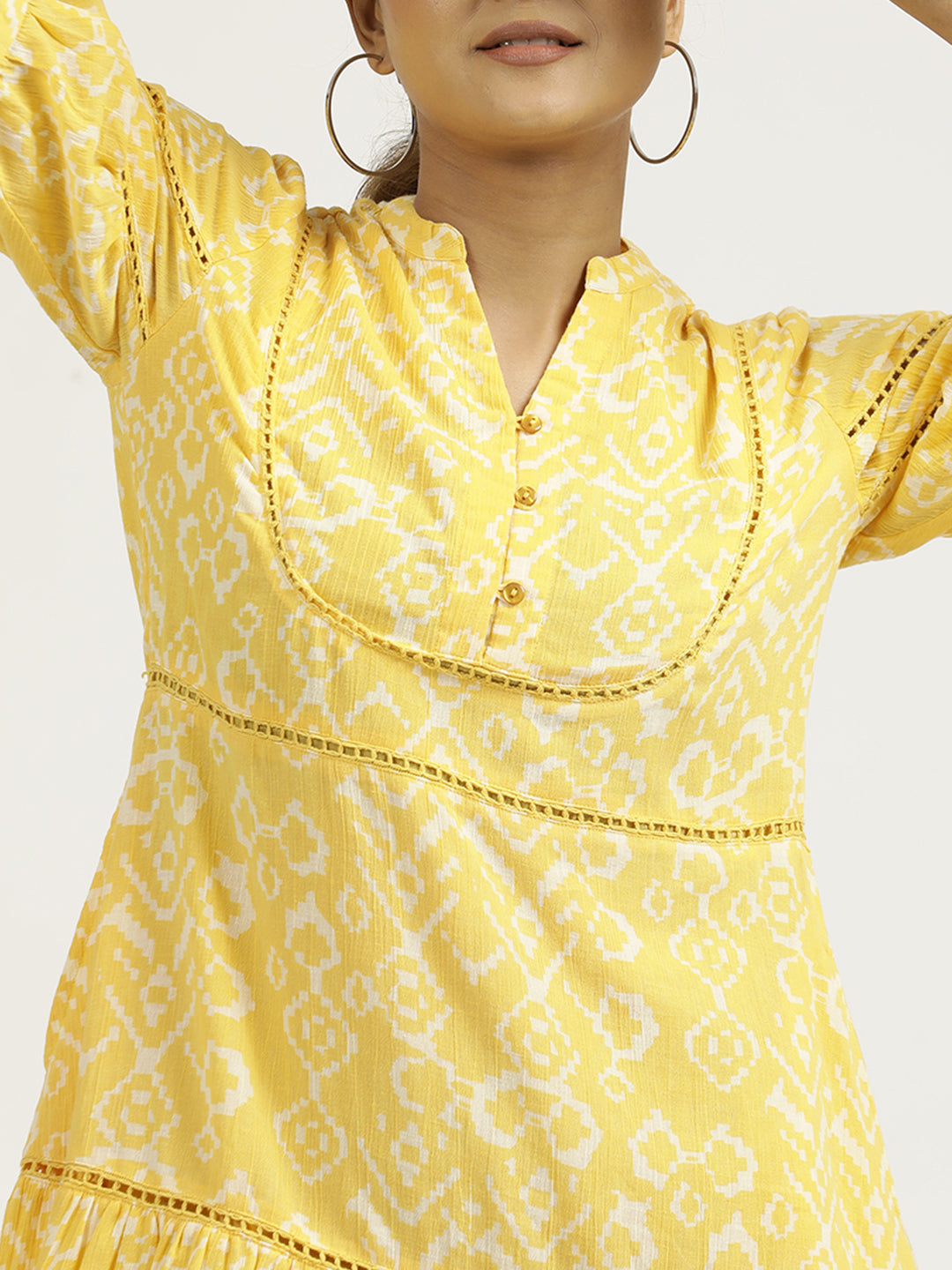 Yellow Abstract Printed Cotton Tiered Dress