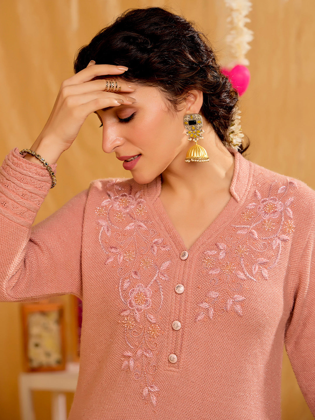 Pink Self Woven Embellished Woolen Kurta Set