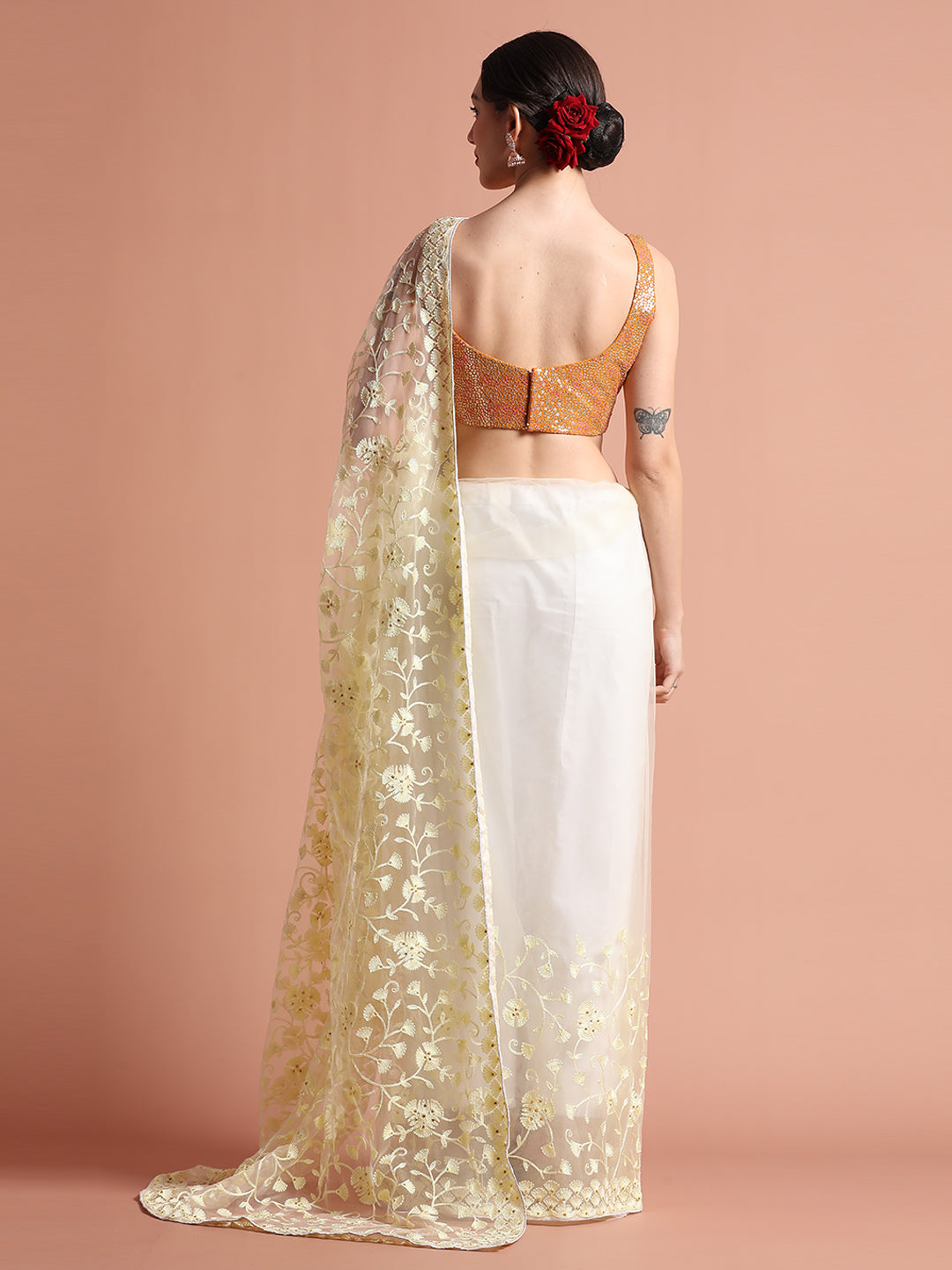 Party Wear Floral Cream Embroidered Net Saree