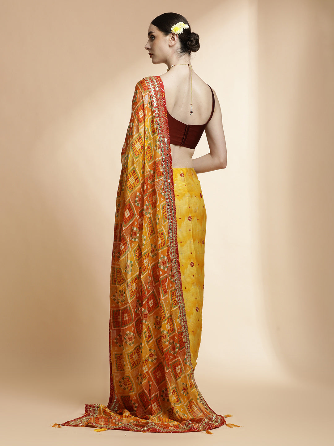 Festive Yellow Bandhani Embroidered Pure Georgette Saree