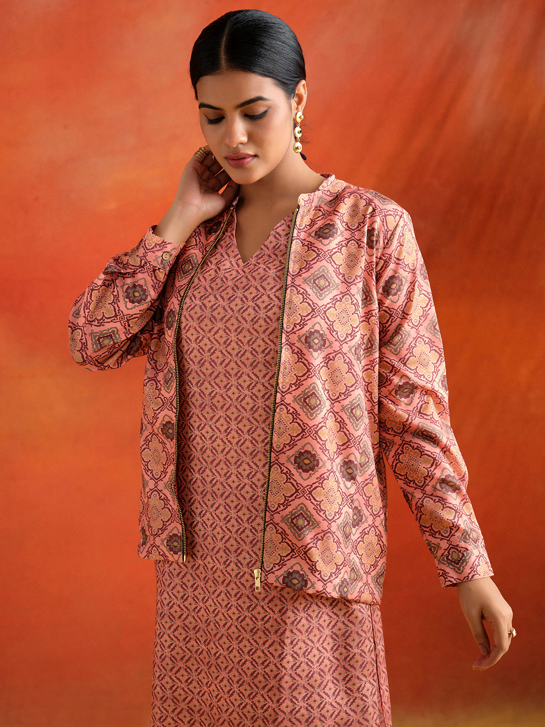 Dusty Peach Geometric Printed Kurta Set With Jacket Co-ord Set