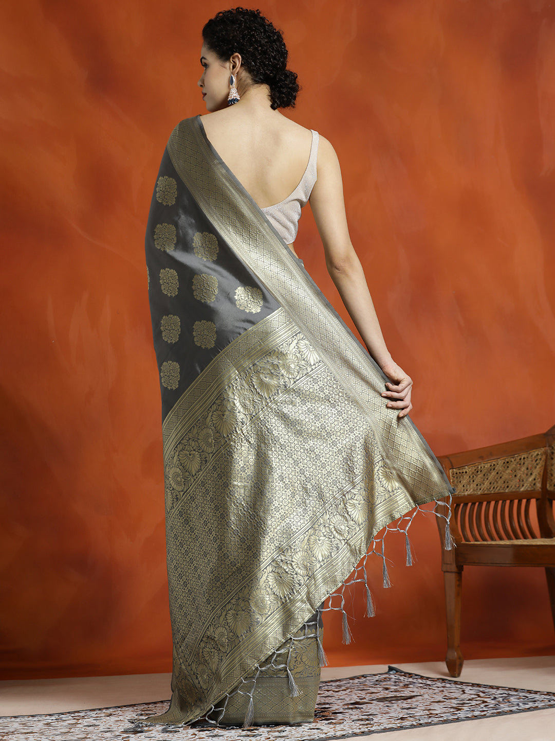 Grey Silk Blend Zari Woven Design Banarasi Saree