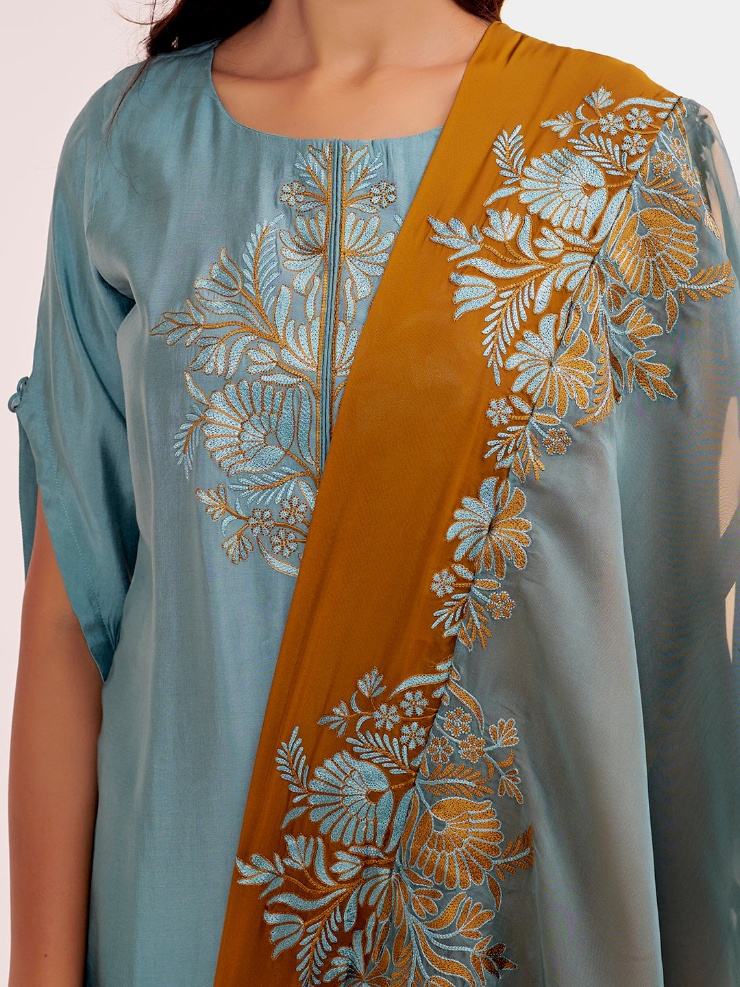 Sea Blue Resham Embroidered Festive Kurta Set With Dupatta