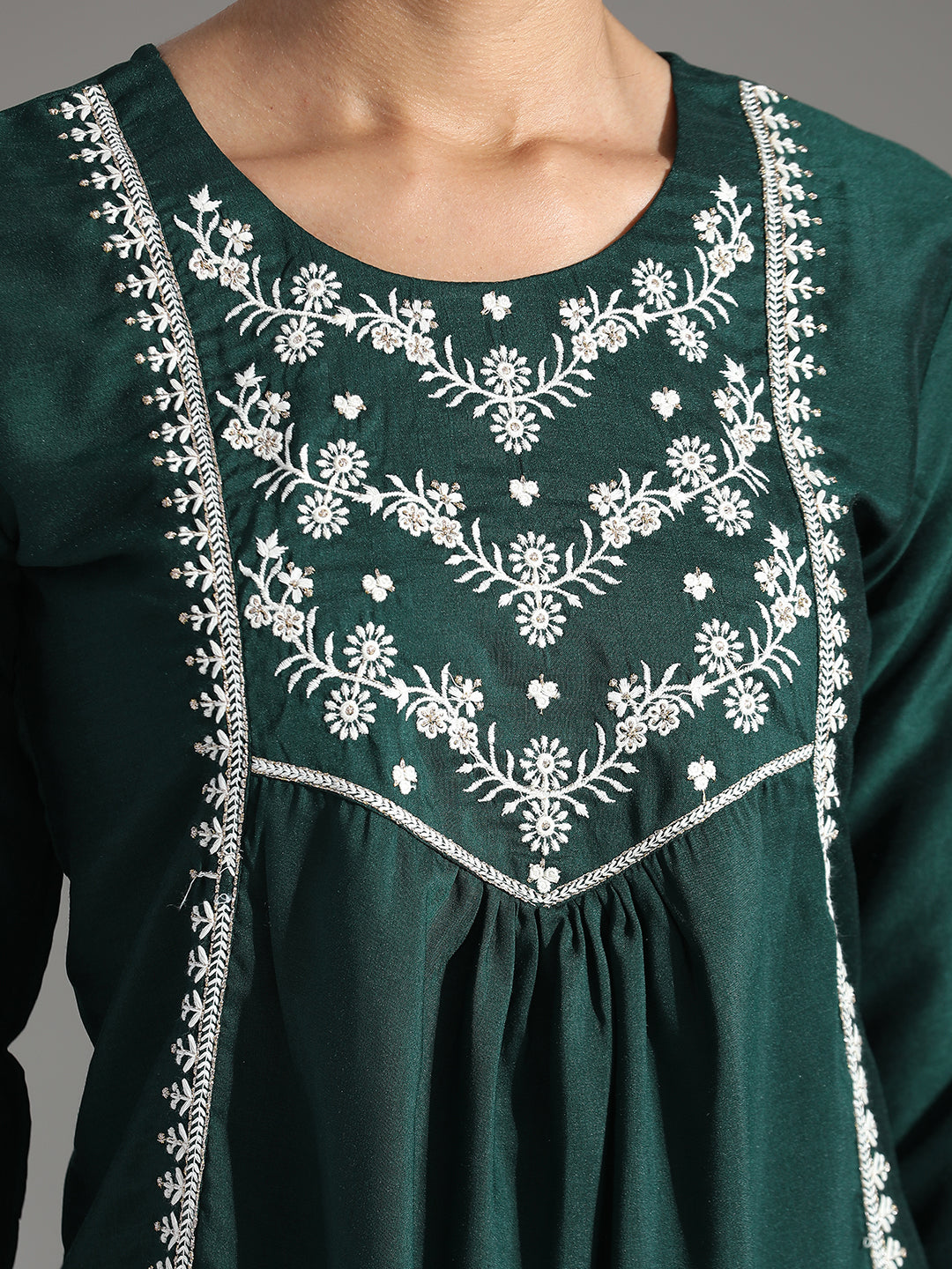 Dark Green Embroidered Party Wear Gathered Top