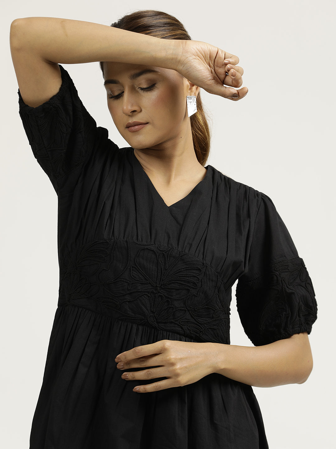 Black Dori Embroidered Gathered Cotton Dress