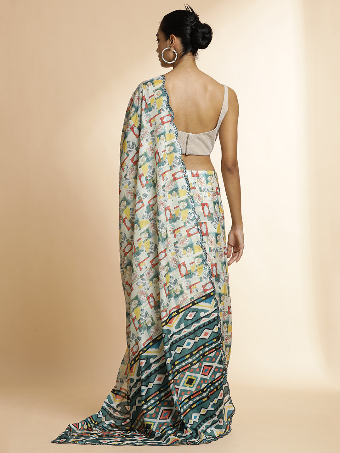 Green Tie-Dye Printed Mirror Work Satin Saree