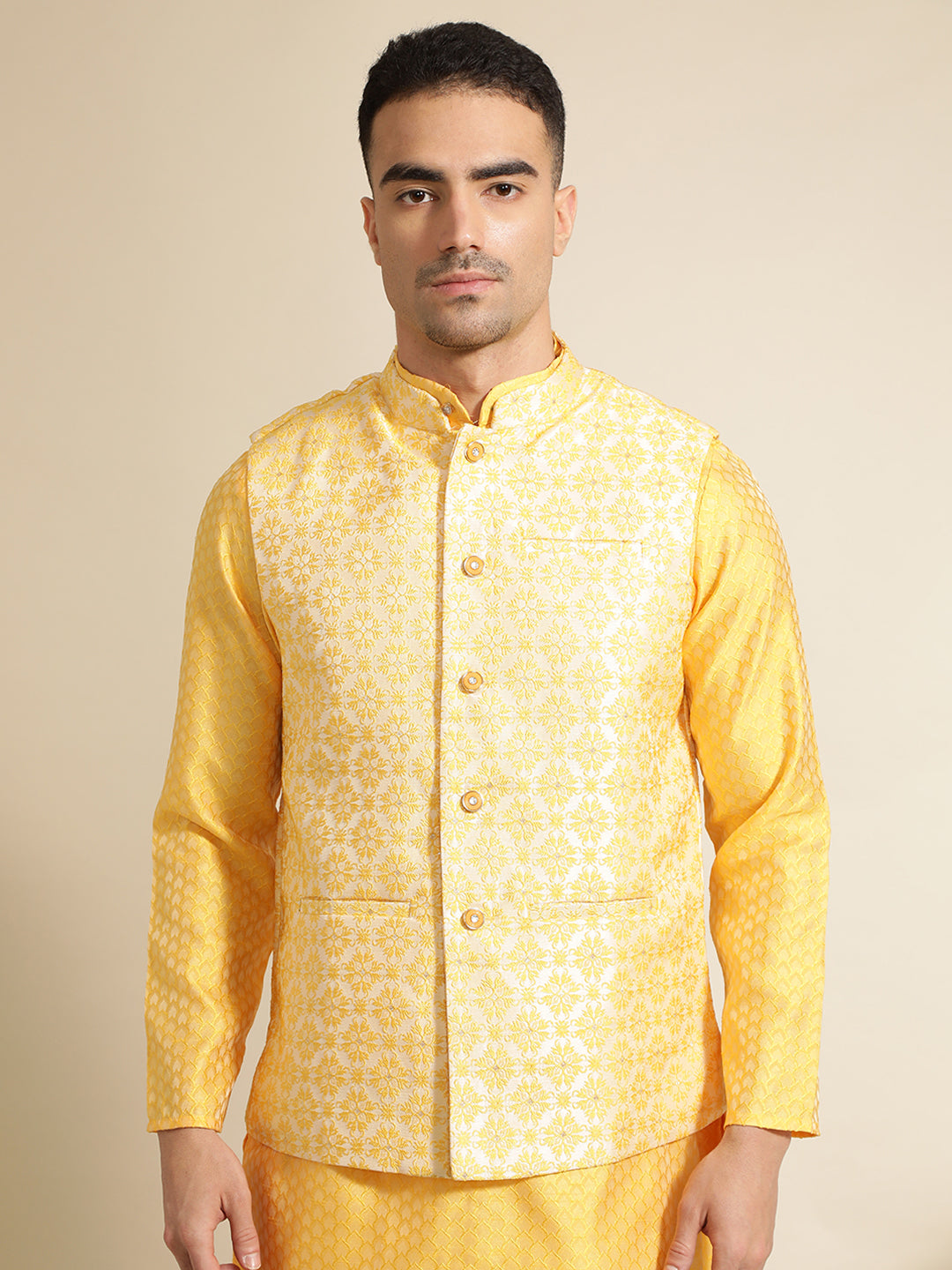 Yellow Silk Blend Kurta With Woven Design Nehru Jacket Set