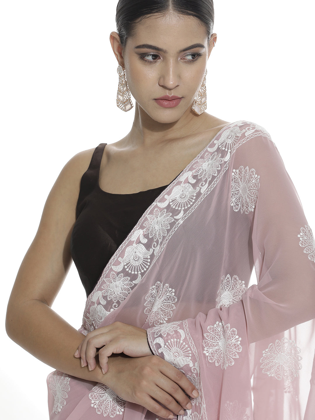 Traditional Pink Embroidered Pure Georgette Saree