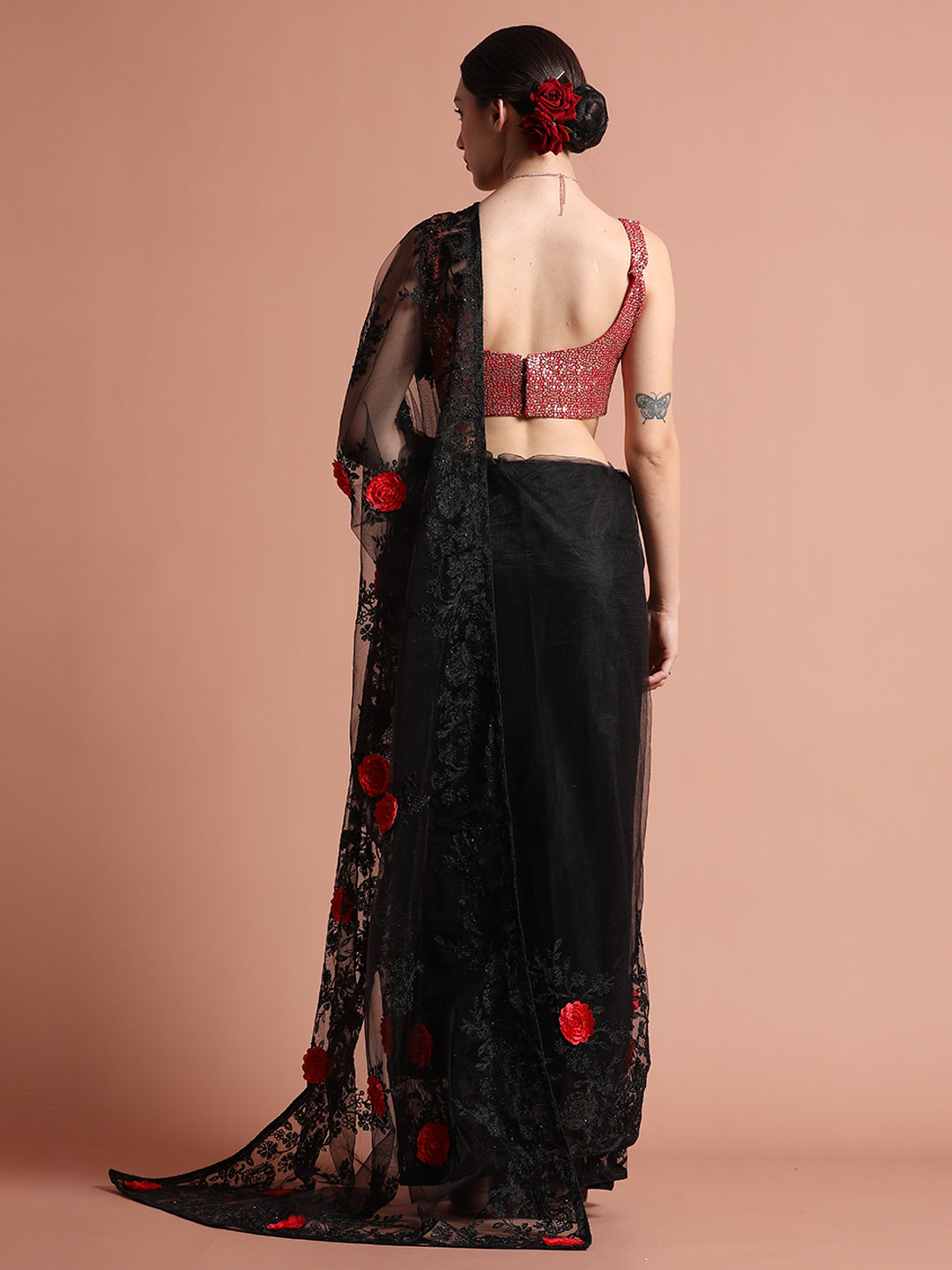 Party Wear Floral Black Embroidered Net Saree