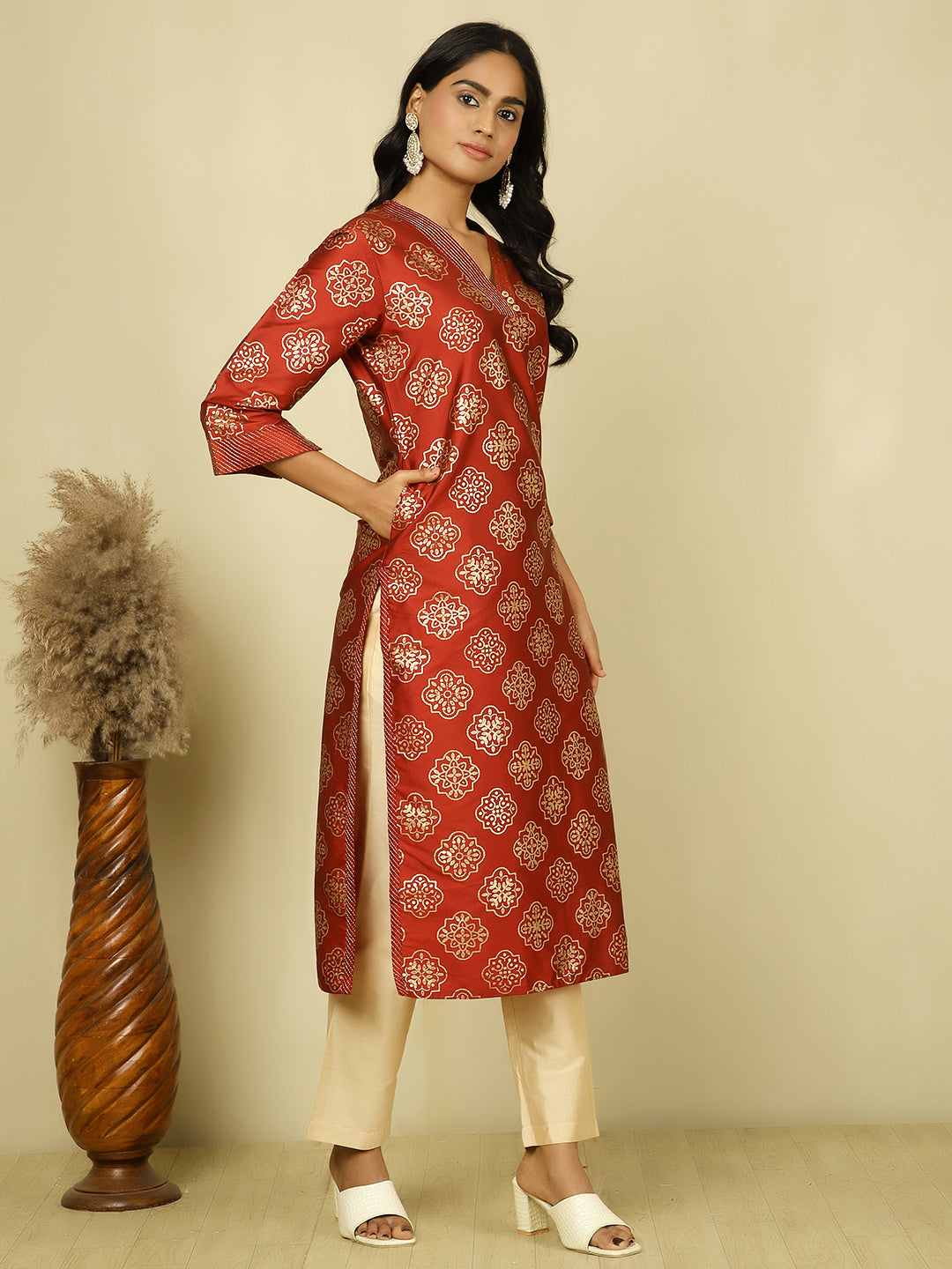 Red Ethnic Printed Straight Kurta