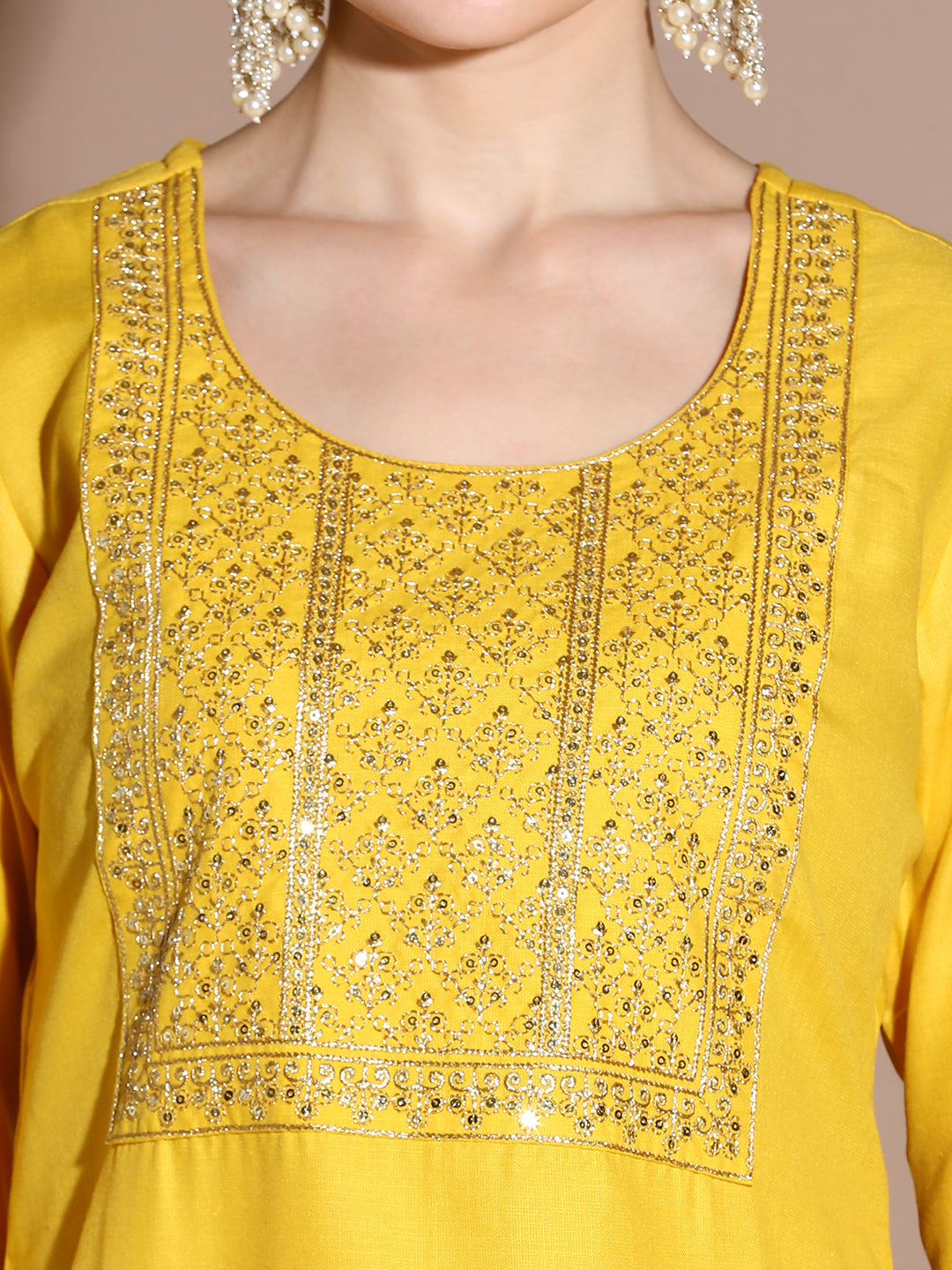 Yellow Embroidered Cotton Blend Kurta Set With Dupatta