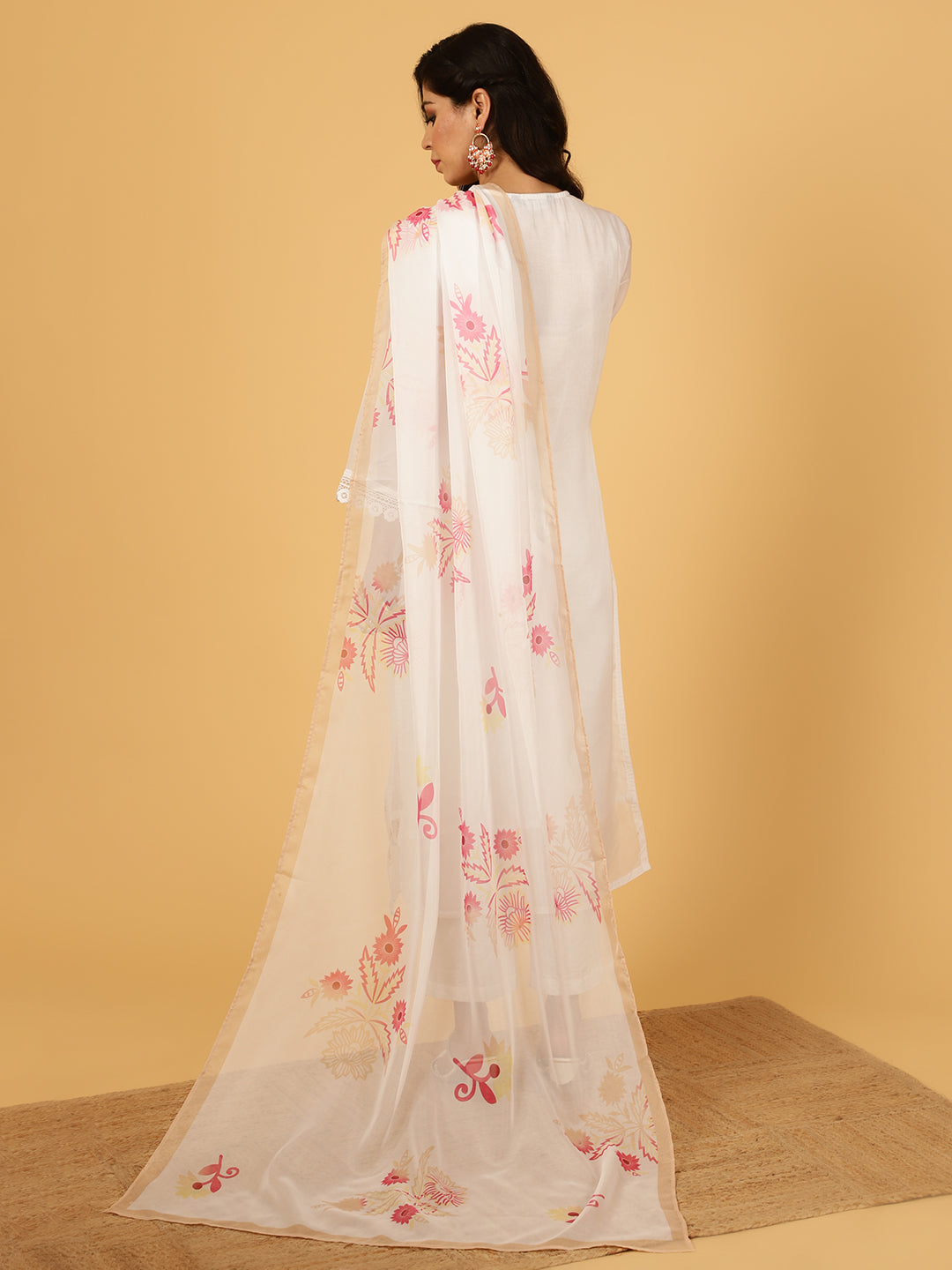 White Aari Work Art Silk Kurta With Pants And Dupatta