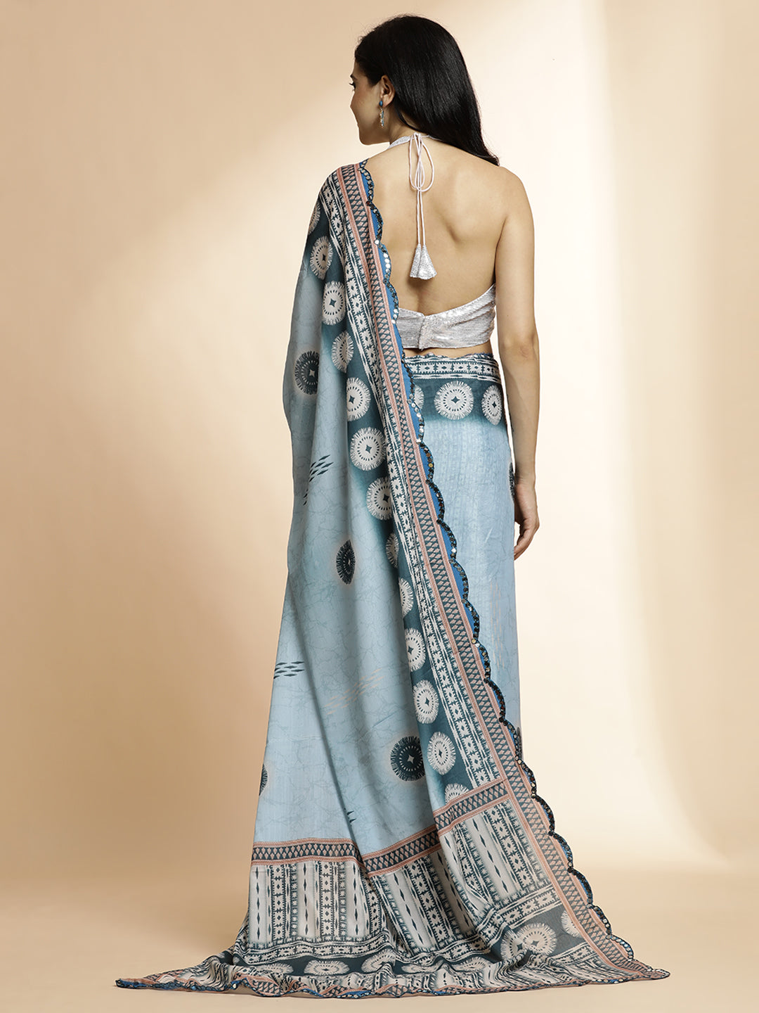 Grey Tie-Dye Printed Mirror Work Satin Saree