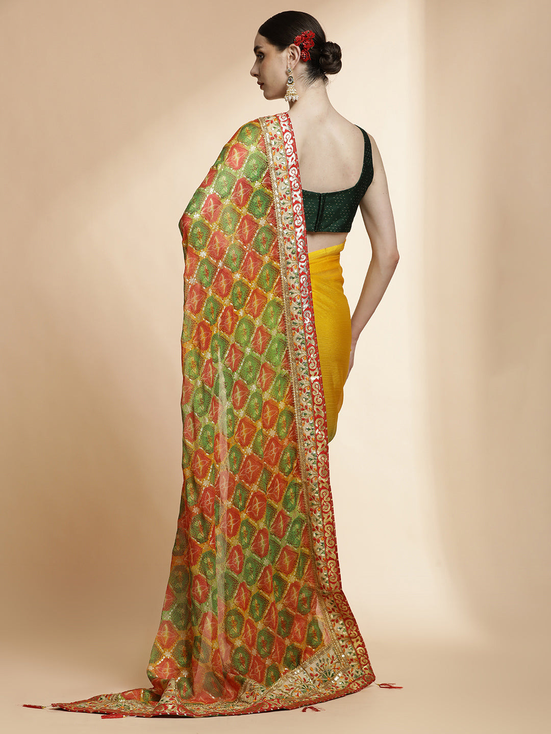 Multicolour Traditional Embroidered Bandhani Pure Georgette Saree