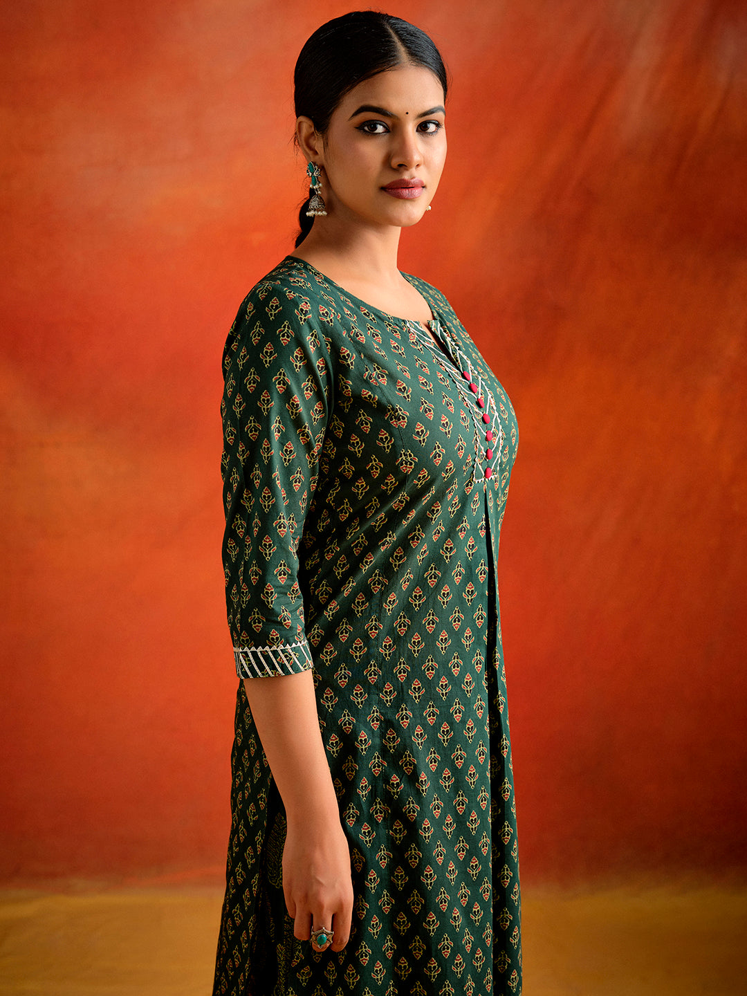 Dark Green Ethnic Motif Printed Straight Kurta With Palazzo