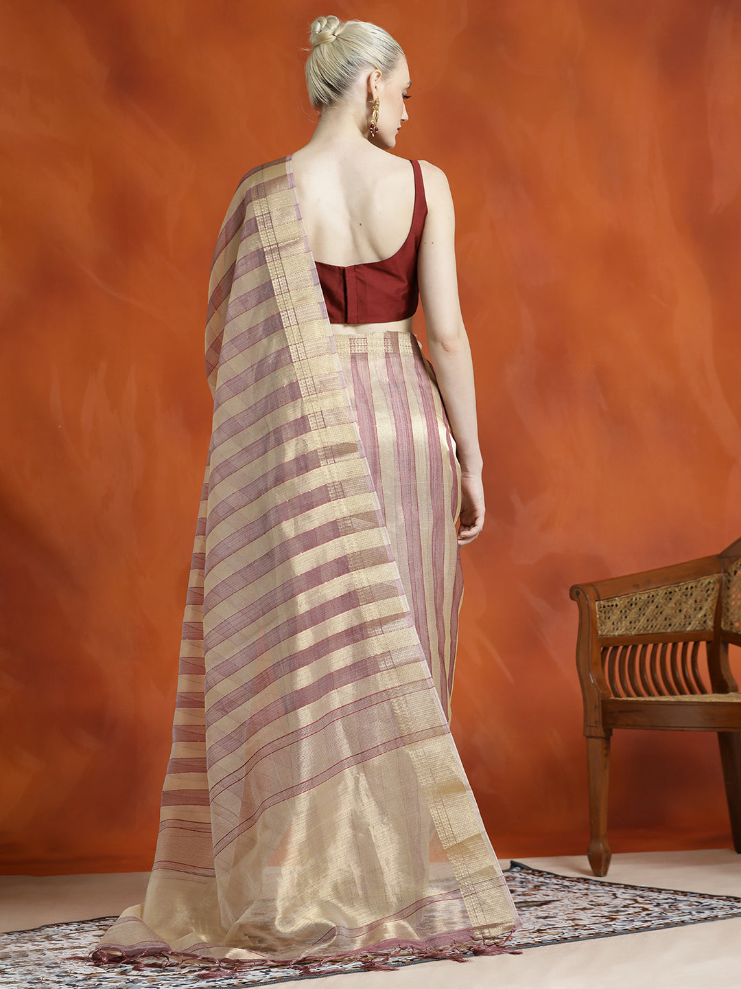 Striped Embellished Banarasi Organza Saree