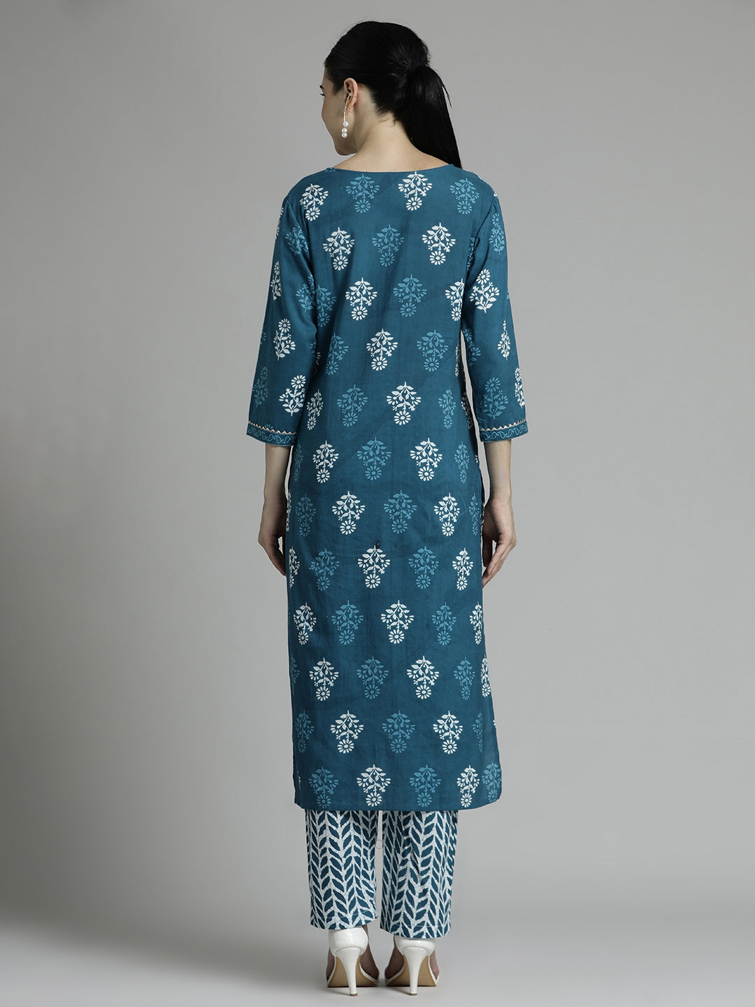 Ethnic Motif Cotton Blue Kurta Set With Dupatta