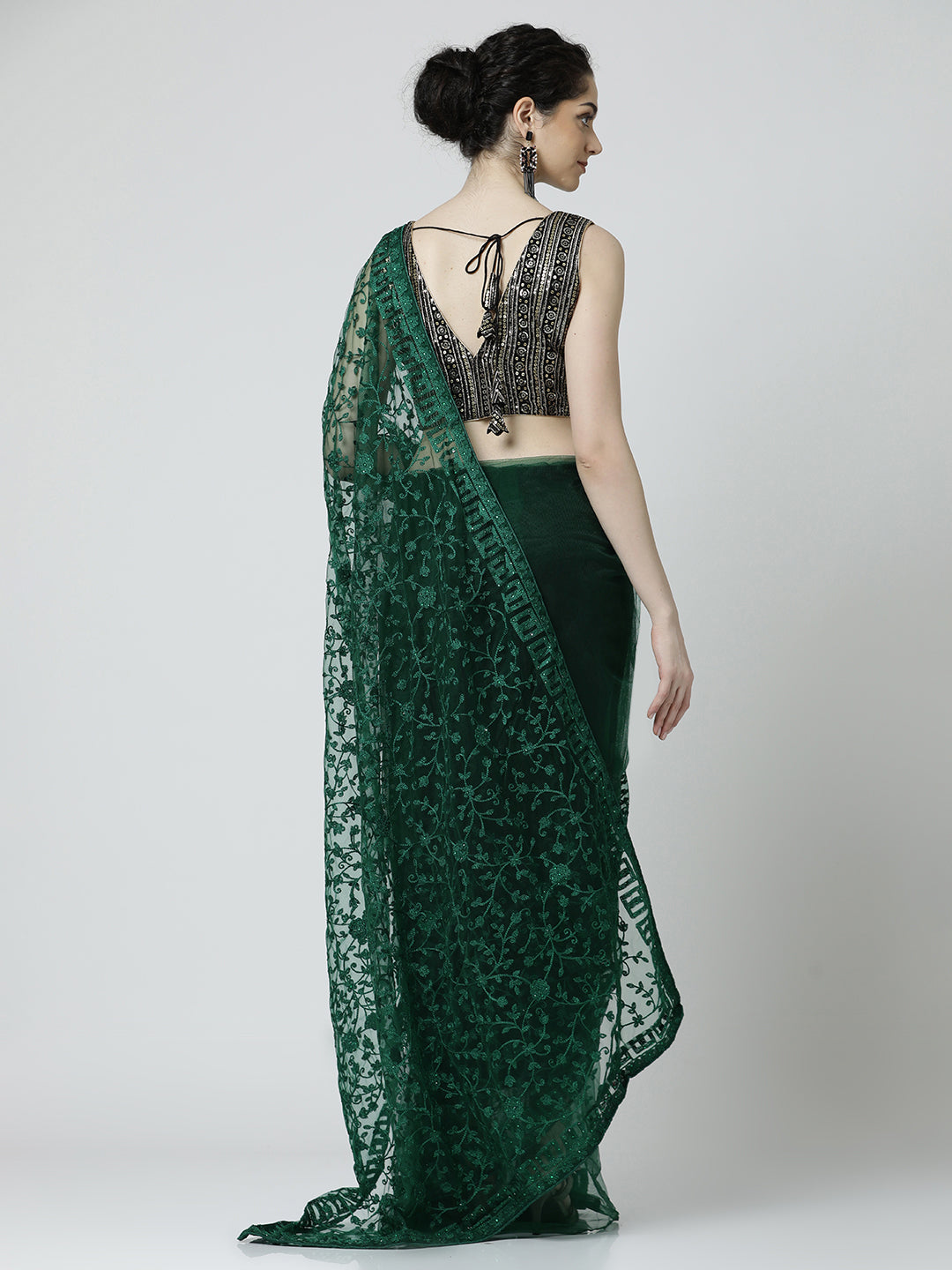 Floral Embroidered Net Party Wear Green Saree