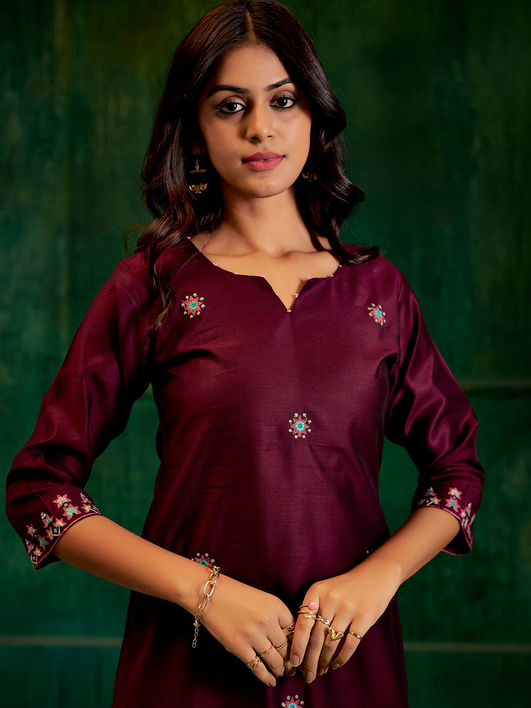 Burgundy Self Woven Embroidered Straight Kurta