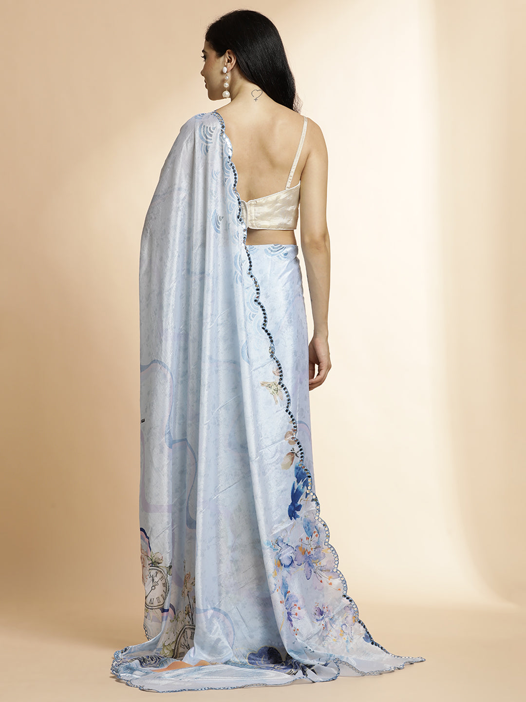 Sky Blue Floral Printed Mirror Work Satin Saree