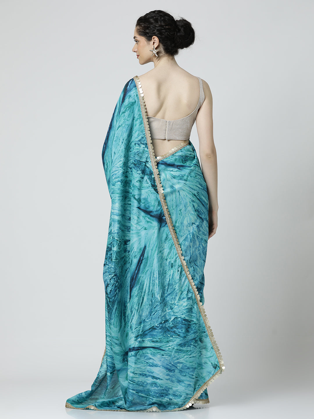 Aqua Blue Embellished Satin Tie-Dye Saree