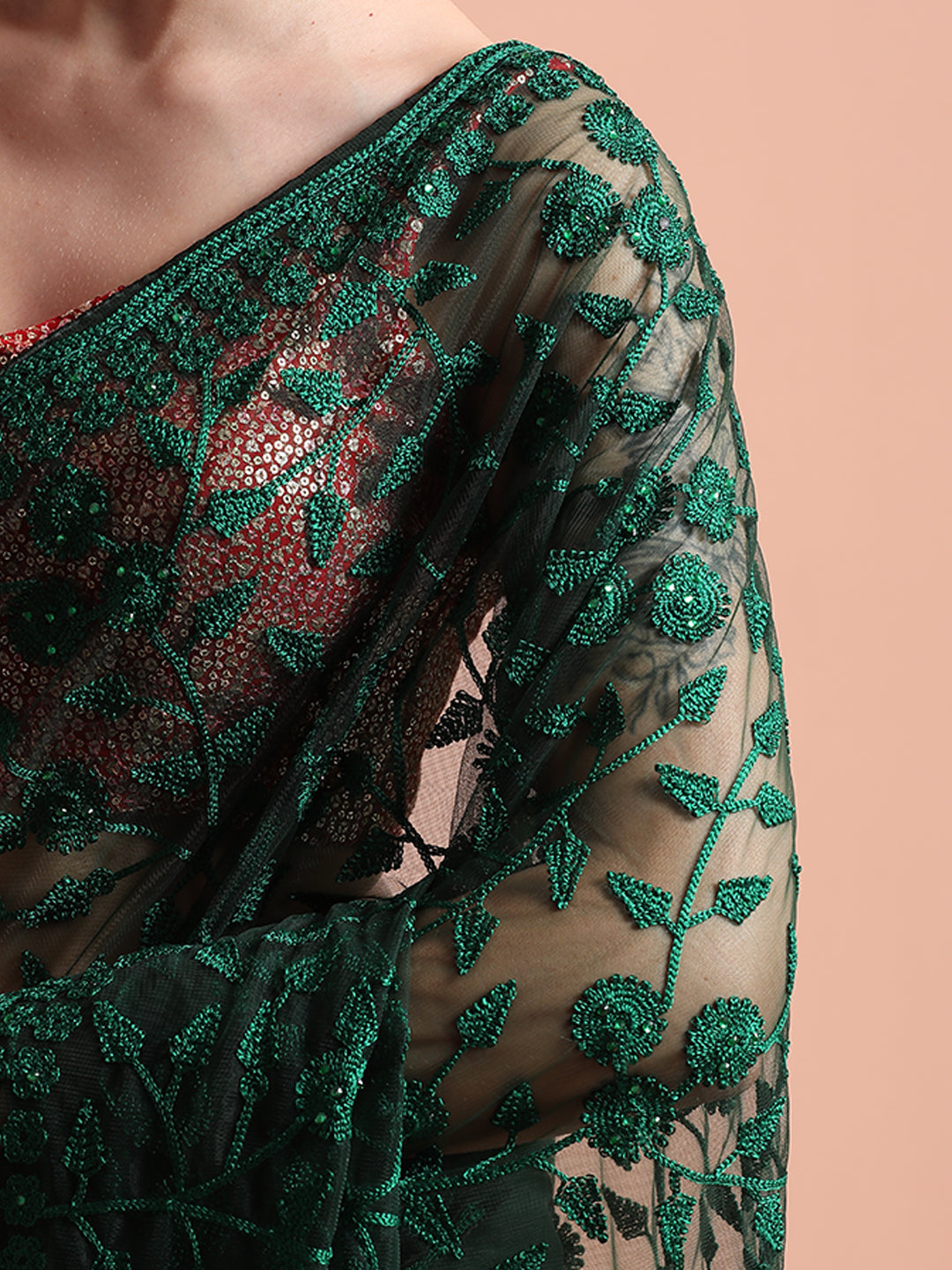 Green Party Wear Floral Embroidered Net Saree