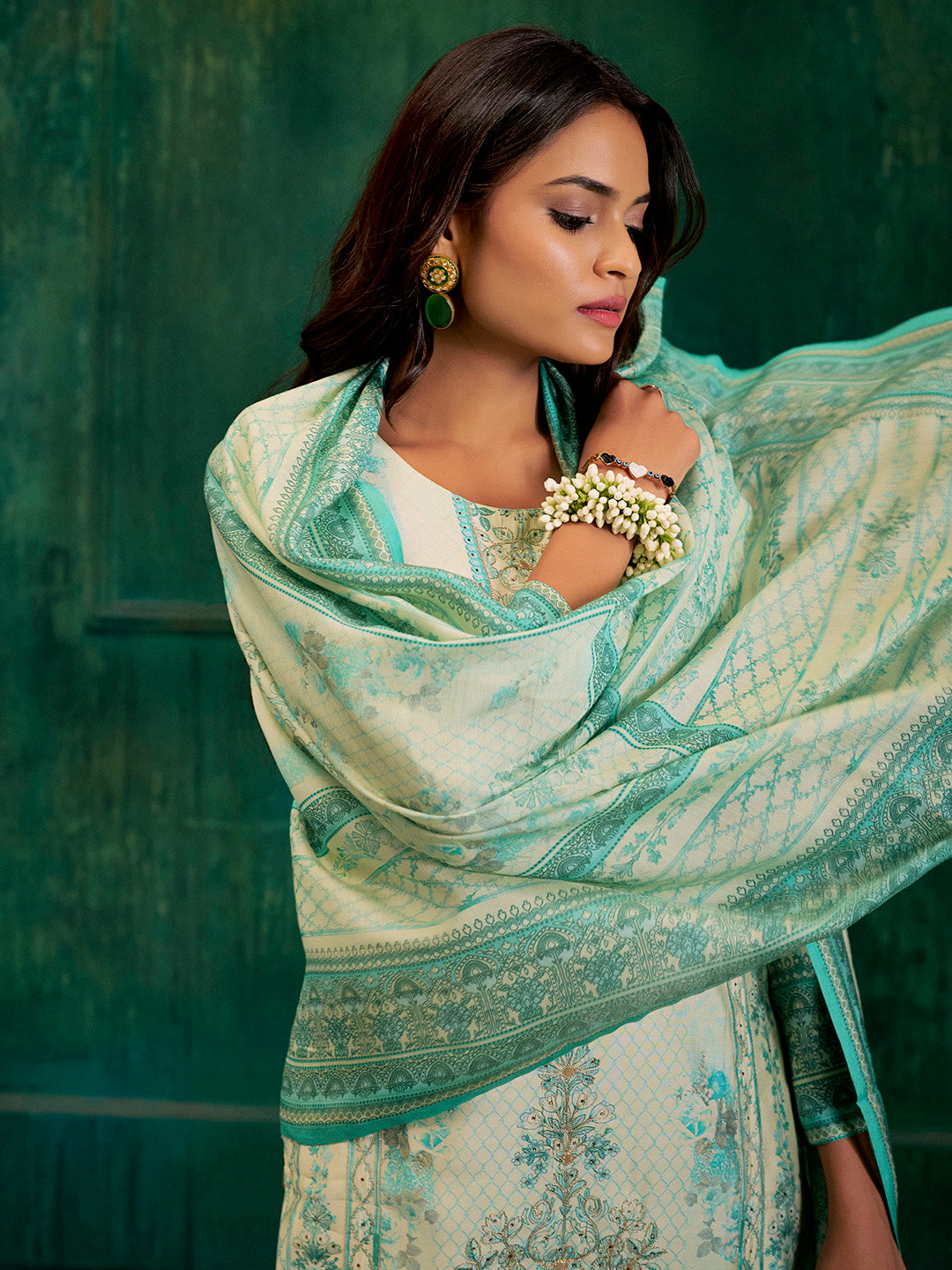 Sea Green Hand Embroidered Printed Kurta Set With Dupatta