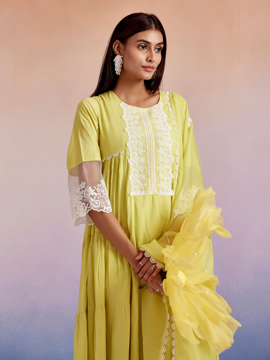 Lime Green Embroidered Tiered Festive Kurta Set With Dupatta