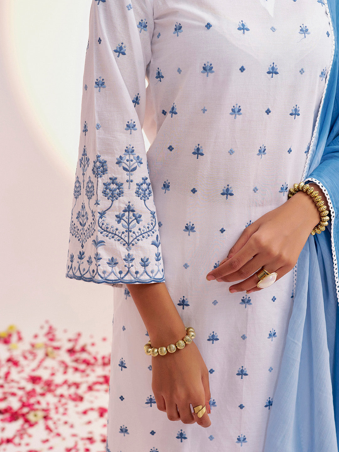 White & Blue Threadwork Embroidered Cotton Kurta Set With Dupatta