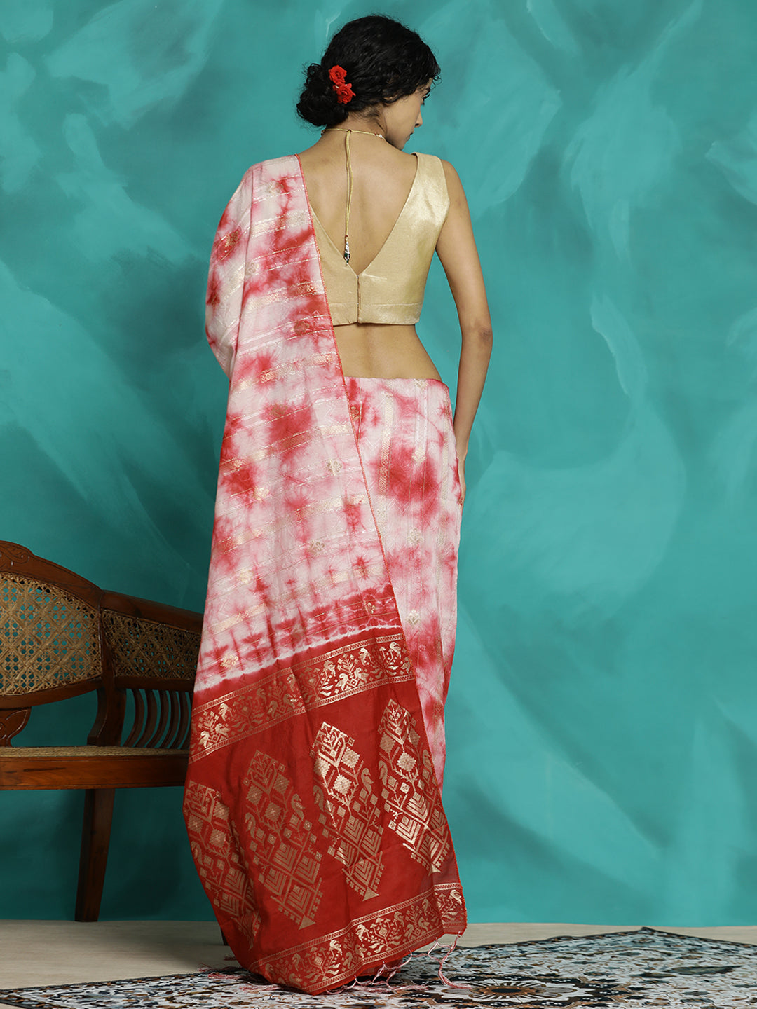 Tie-Dye Cotton Blend Red Banarasi Saree