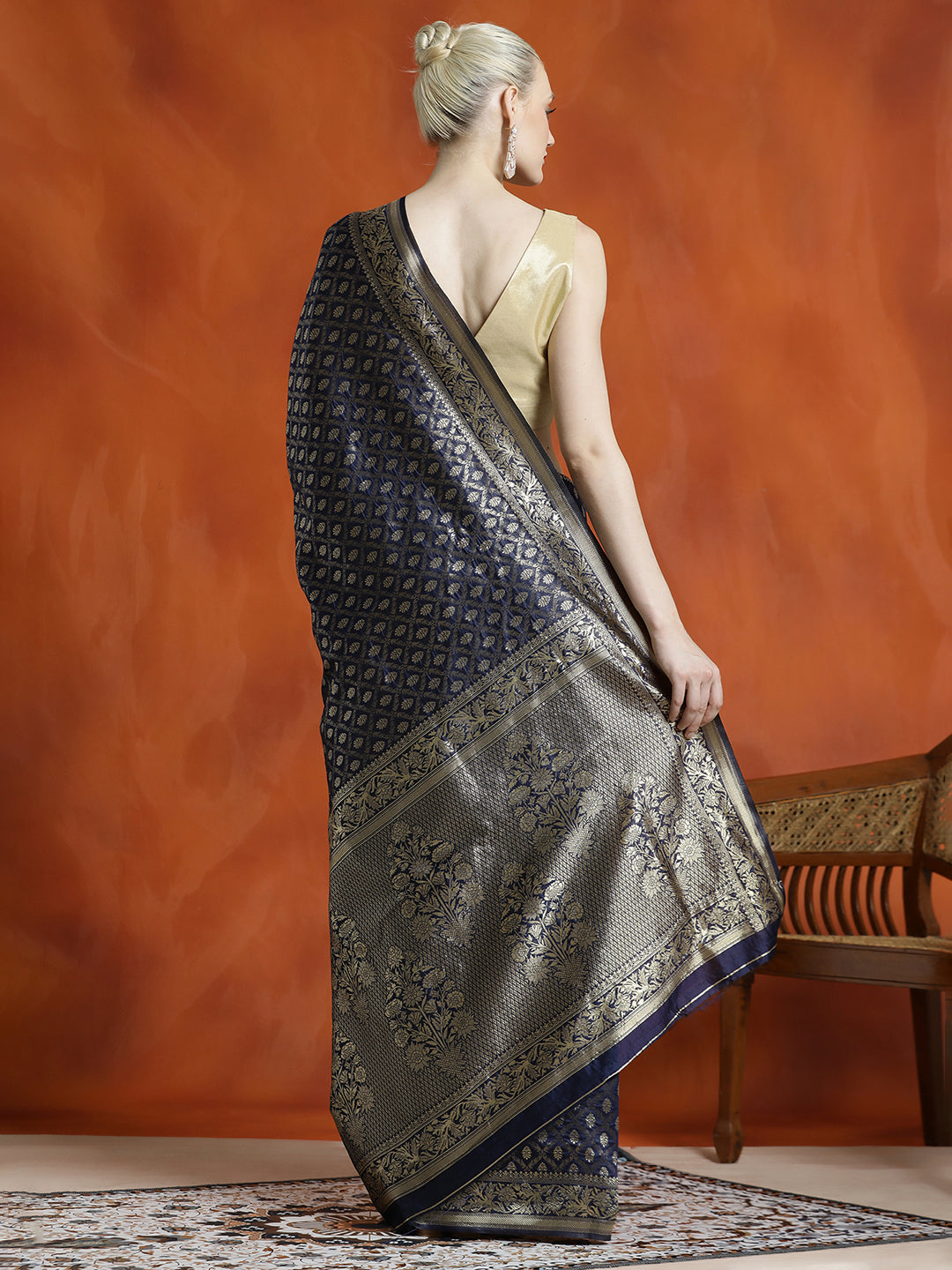 Navy Blue Silk Banarasi Zari Woven Heavy Saree