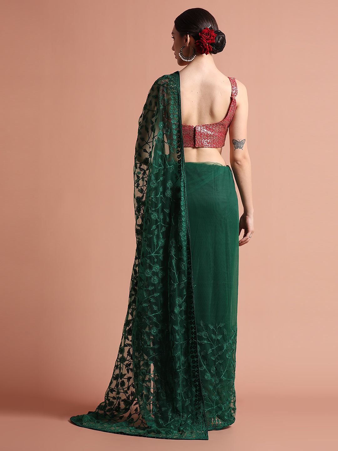 Olive Party Wear Floral Embroidered Net Saree