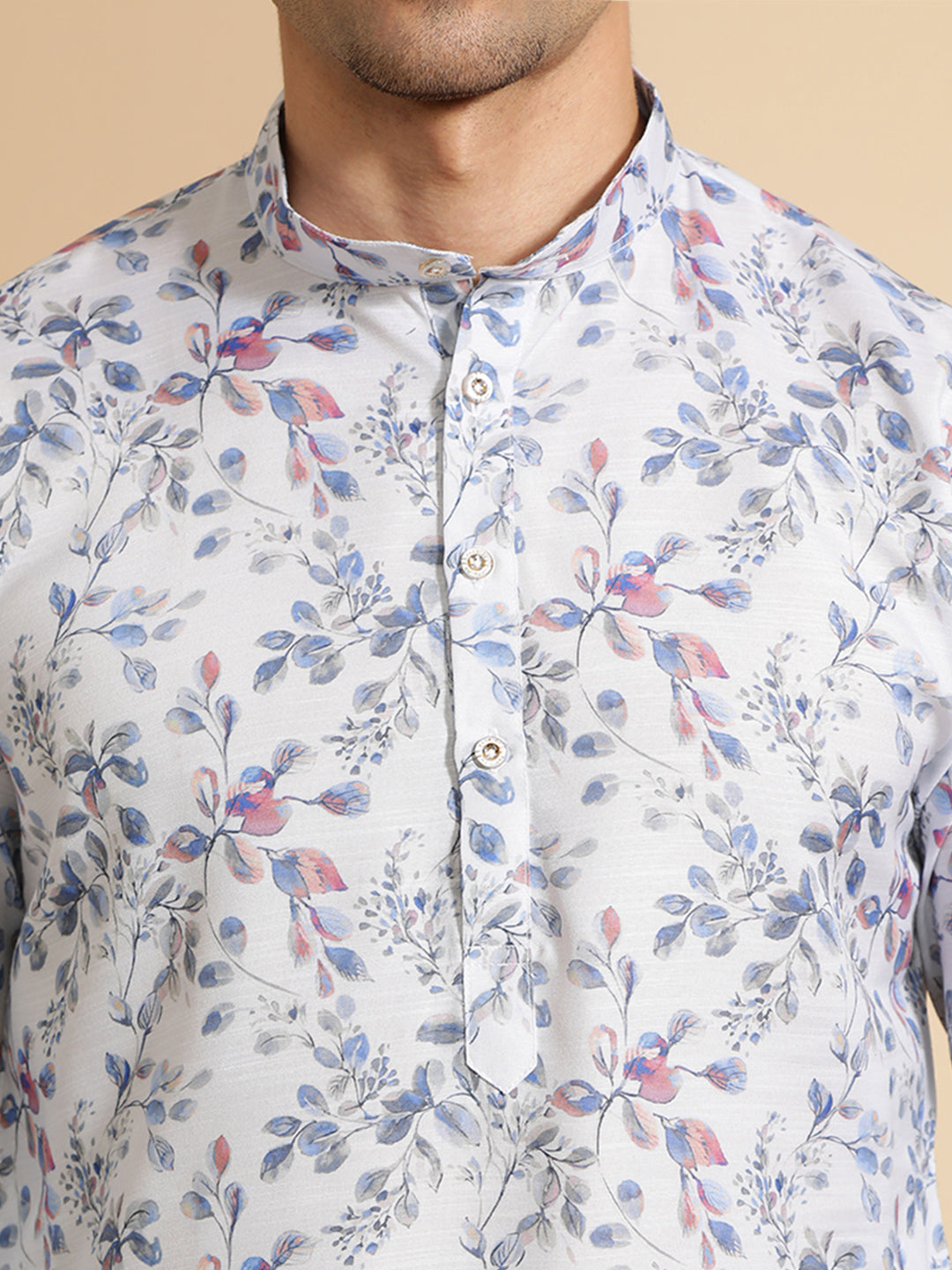 Floral Printed Off White & Blue Cotton Kurta for Men