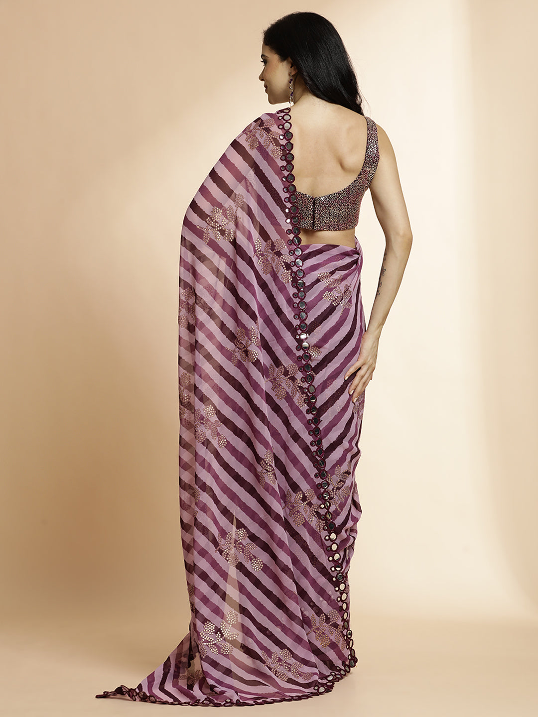 Wine Pure Georgette Leheriya Mirror Work Saree