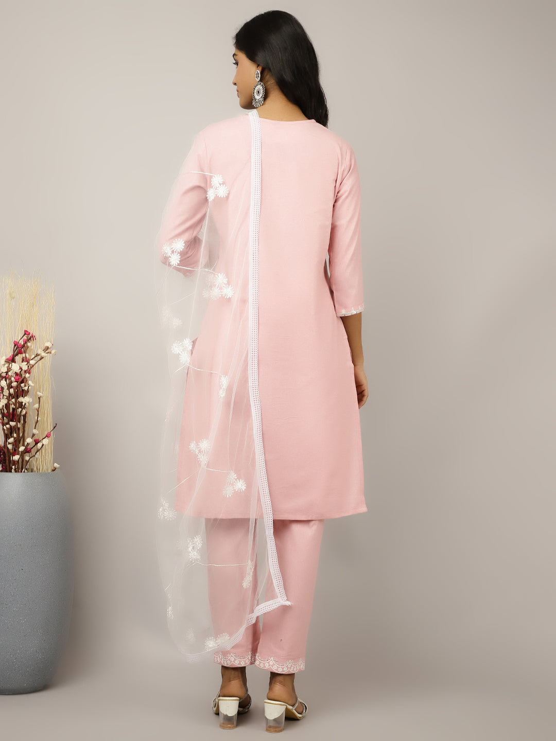 Thread And Sequin Embroidered Cotton Suit Set